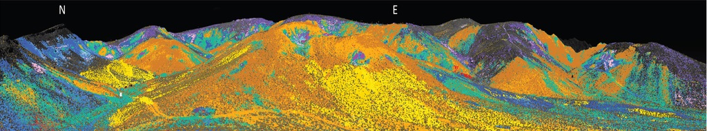 Mineral map of Cuprite, Nevada, made by the USGS from NASA AVIRIS imagery, showing coloured alteration zoning across the district.